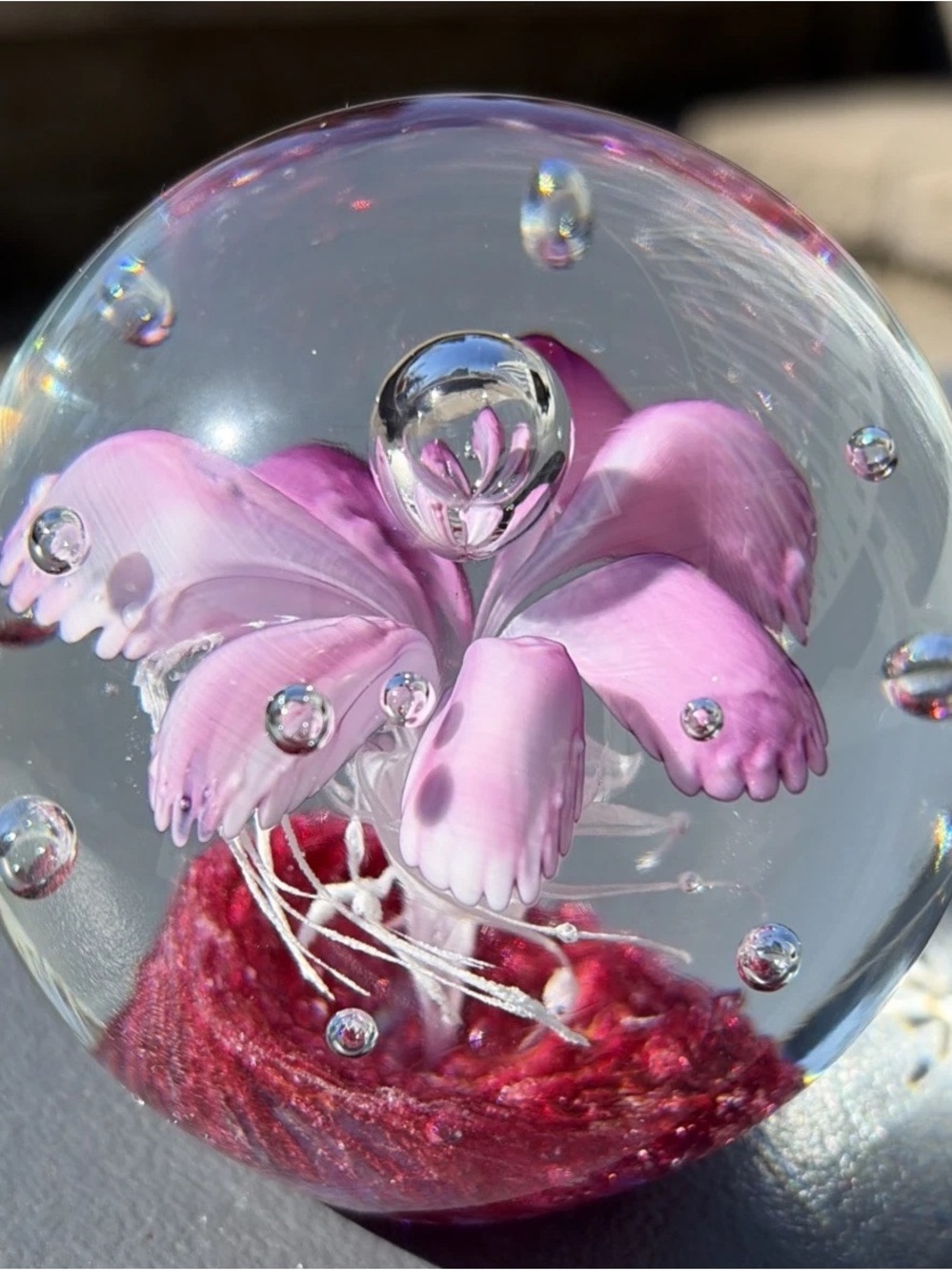3" Art Glass Paperweight Pink Purple Flower Controlled Bubbles Murano Style